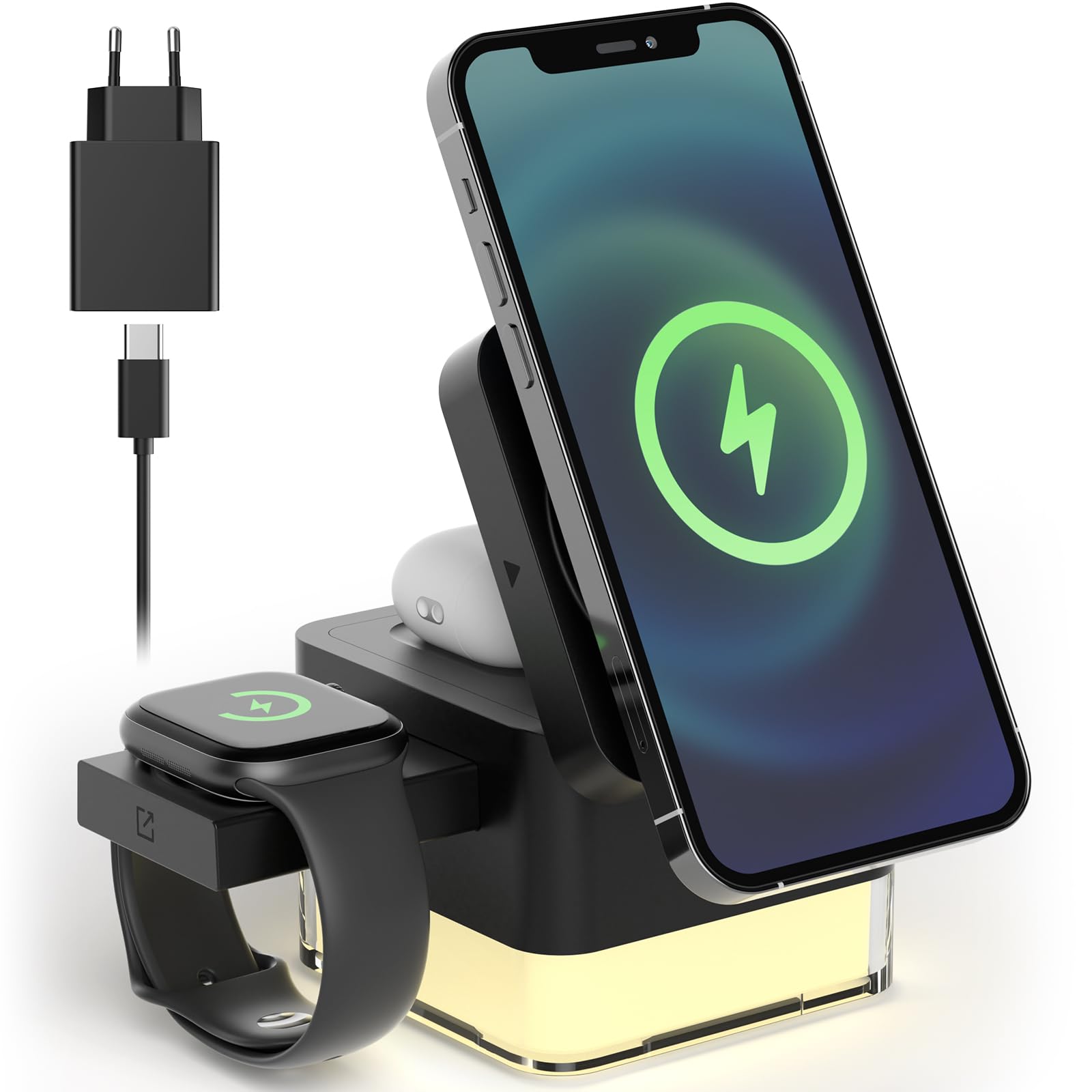 Caricatore Wireless 4 in 1, Qi Ricarica Rapida, Caricatore Compatibile Con Lampada da Comodino, per iPhone Serie 12/13/14/15/16, Airpods 2/3/Pro, iWatch