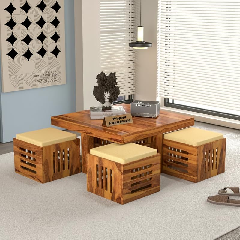 Image of Solid Sheesham Wood Coffee Table with 4 Stool | Center Table with 4 Stools for Living Room | Rosewood Teapoy Table with Cushioned Stool (Urbam,Honey Finish)