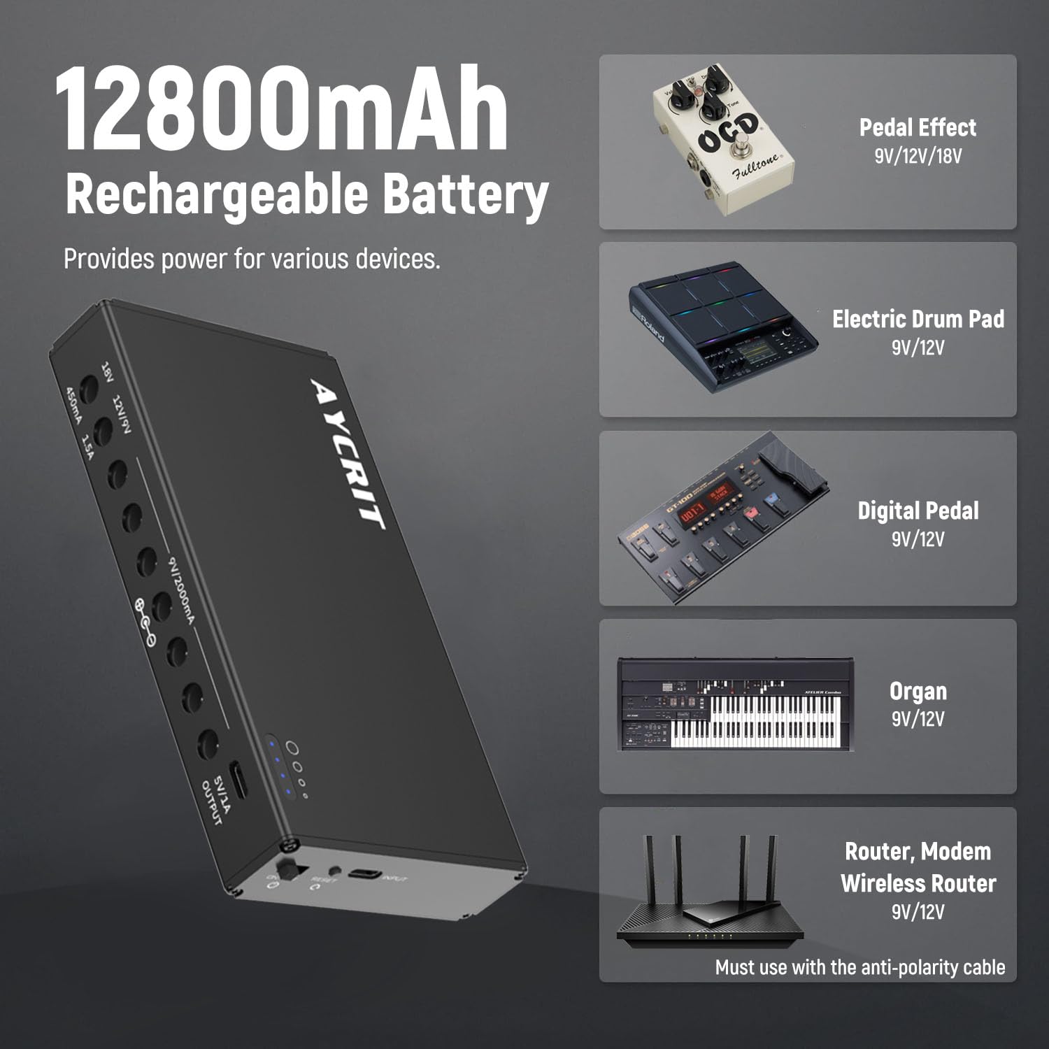 Alimentatore a pedale per chitarra, ricaricabile, 12800 mAh, 9 uscite, 9 V2A/12 V, 1,5 A/18 V, 450 mA e 5 V2 A, porta di tipo C per iPhone e iPad (MUSTAN-01)