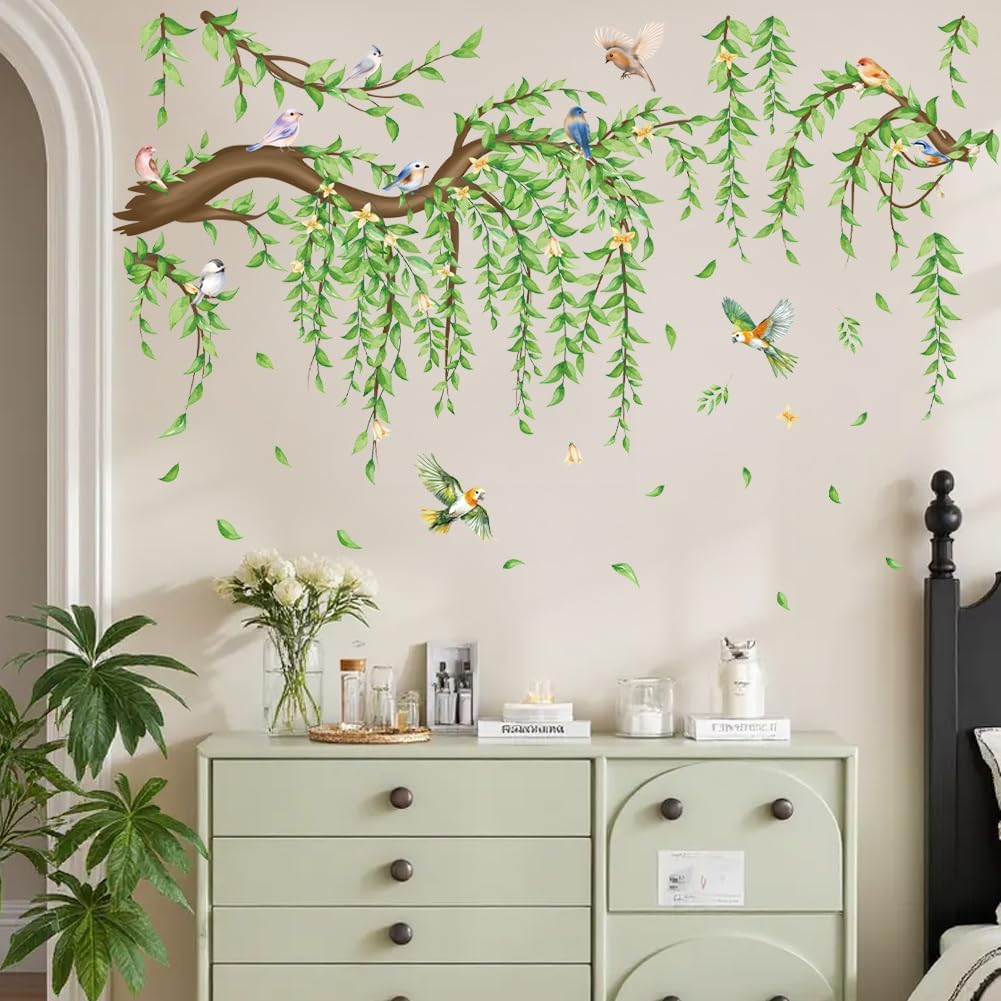 Large Tree Branch Wall Decals Green Leaves Birds Wall Stickers Hanging Vine Mural Sticker Spring Vinyl DIY Peel and Stick Wall Art Decals for Bedroom