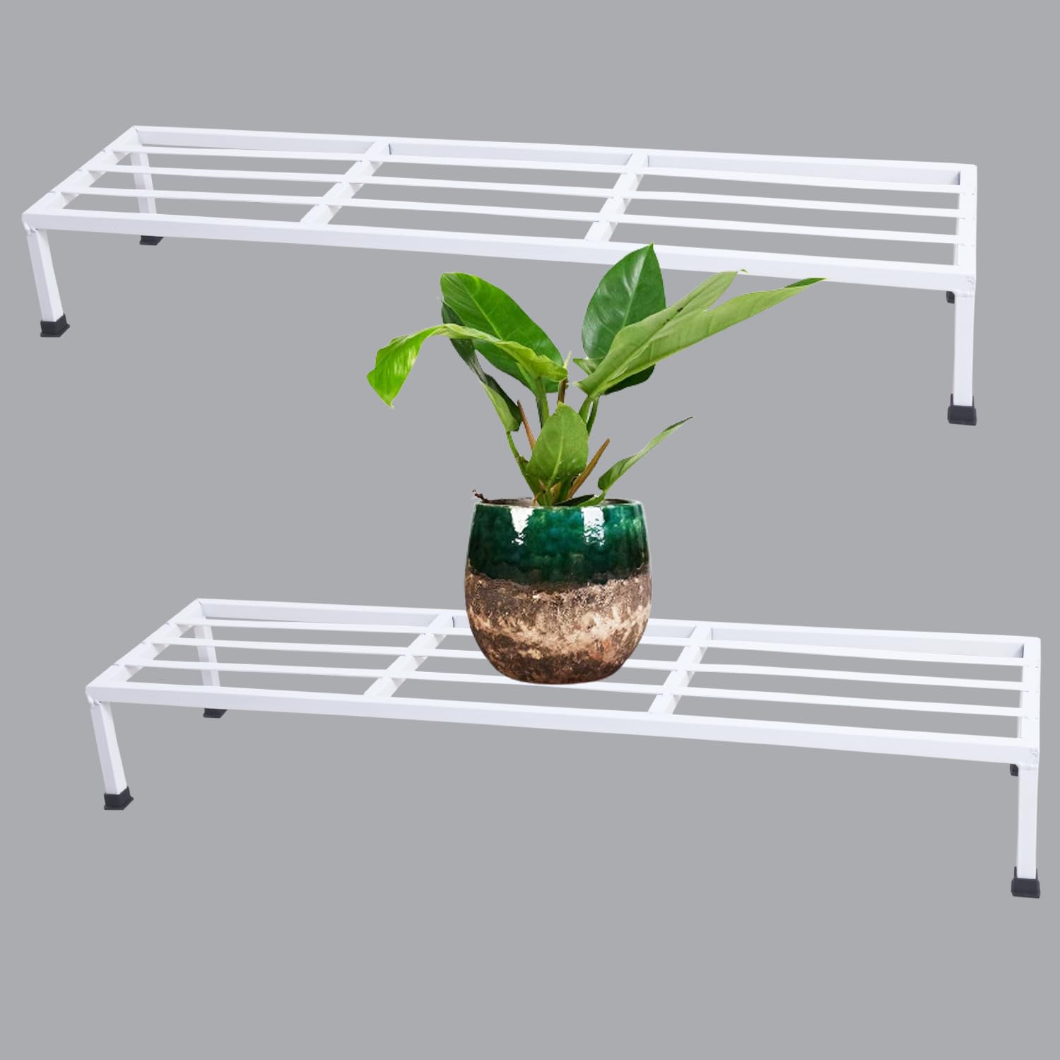 VINAMRA28 36inch Heavy Duty Anti Rust Metal Rectangular Plant Stand / Pot Stand With Rubber Grip for Home Balcony Indoor Outdoon Garden | Capacity upto 120kg (White (Pack of 2)) | 36L x 9W x 4H inch (B0D3M7YK1D) Amazon Price History, Amazon Price Tracker