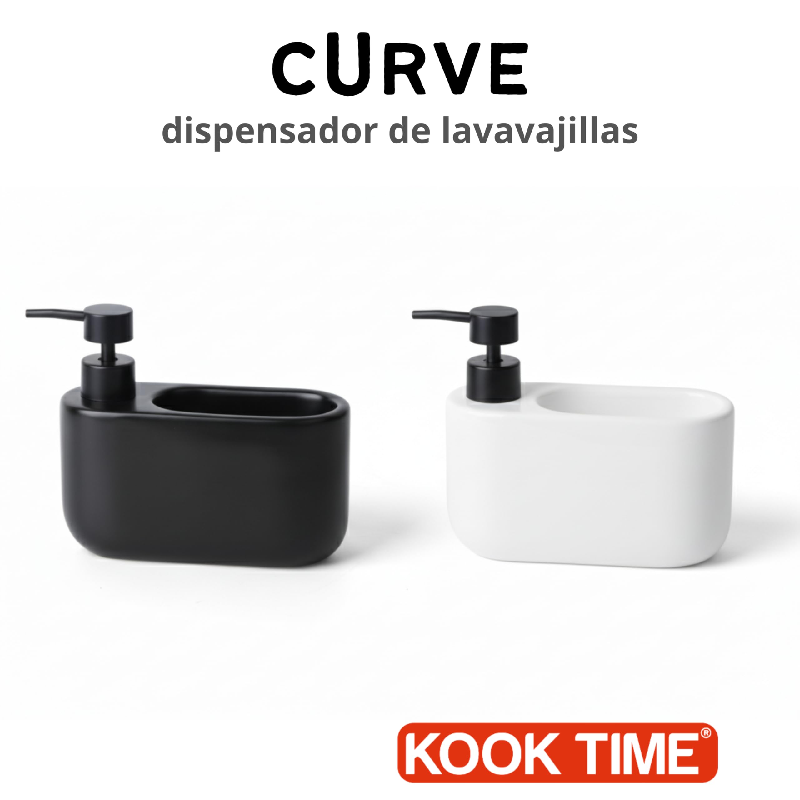 Kook Time Dispensador de Jabón Cocina con Estropajero 520 ml Curve - Dosificador de Cerámica y Soporte para Esponja. Organizador de Fregadero Estrecho. 18 x 7.3 x 15 cm. - Blanco — view 6