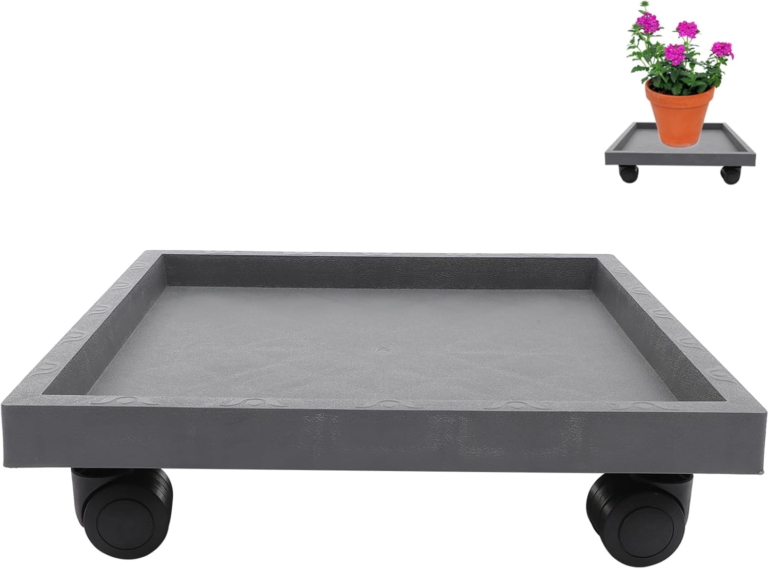 POPETPOP Flowerpot Base Tray on Wheels Moveable Planter Stand Plant Pot Stand with Planter Tray Grey