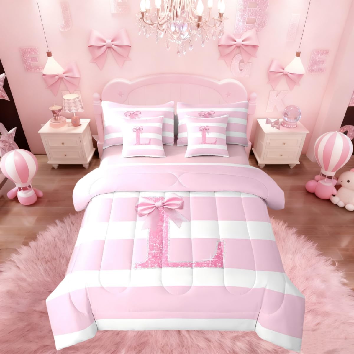 Erosebridal Initial Letter L Comforter Sets 7 Piece for Kids Kawaii Bowknot Queen Sheet Set Modern Pink Stripes Bedding Set for Girls Women Teens Cute Sequins Bow Bed in A Bag with 2 Pillow Cases