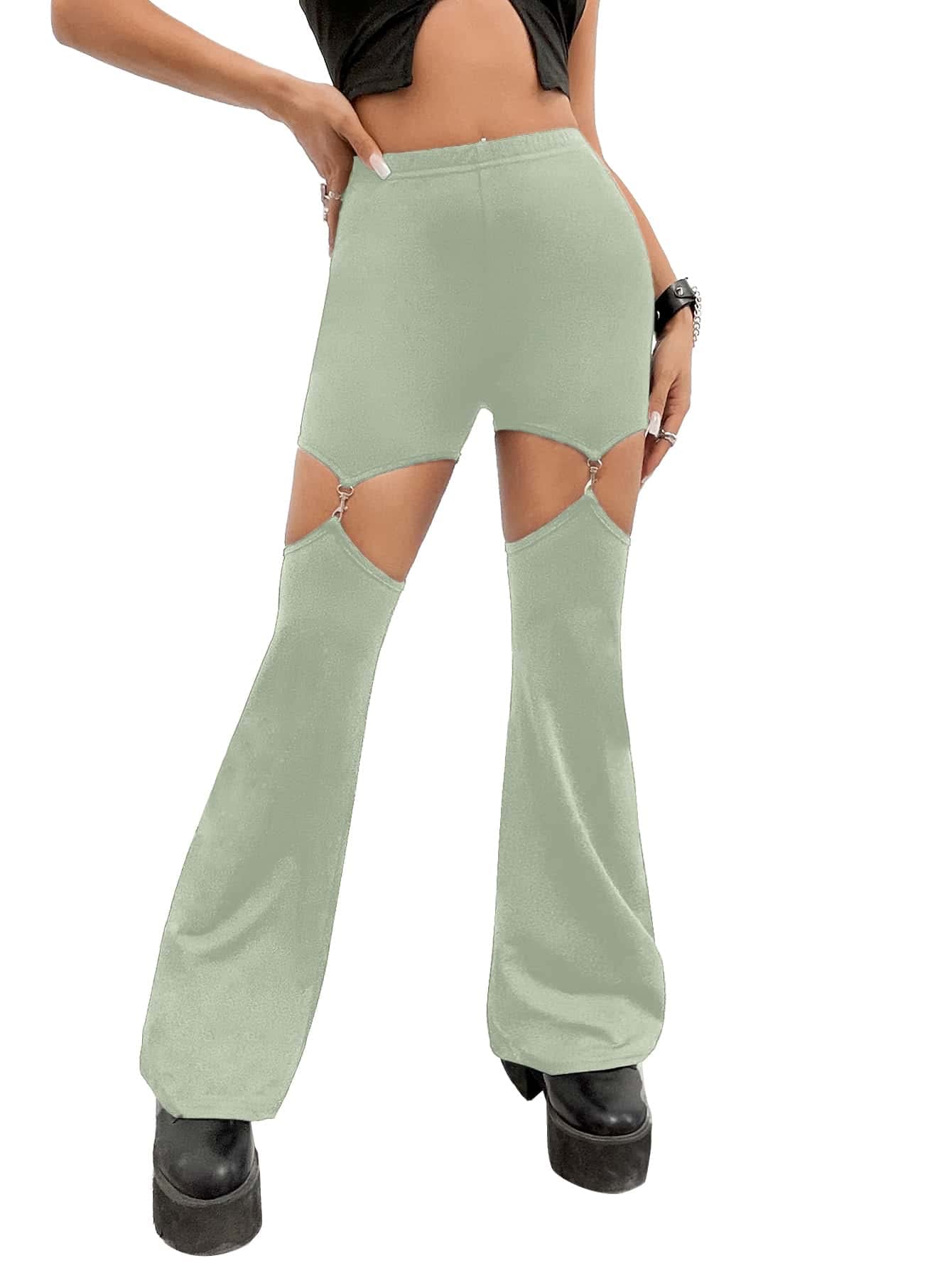 WDIRARA Flare Leggings for Women Cut Out Removable Flare Pants High Waisted Bell Bottom Pants Elastic for Concert