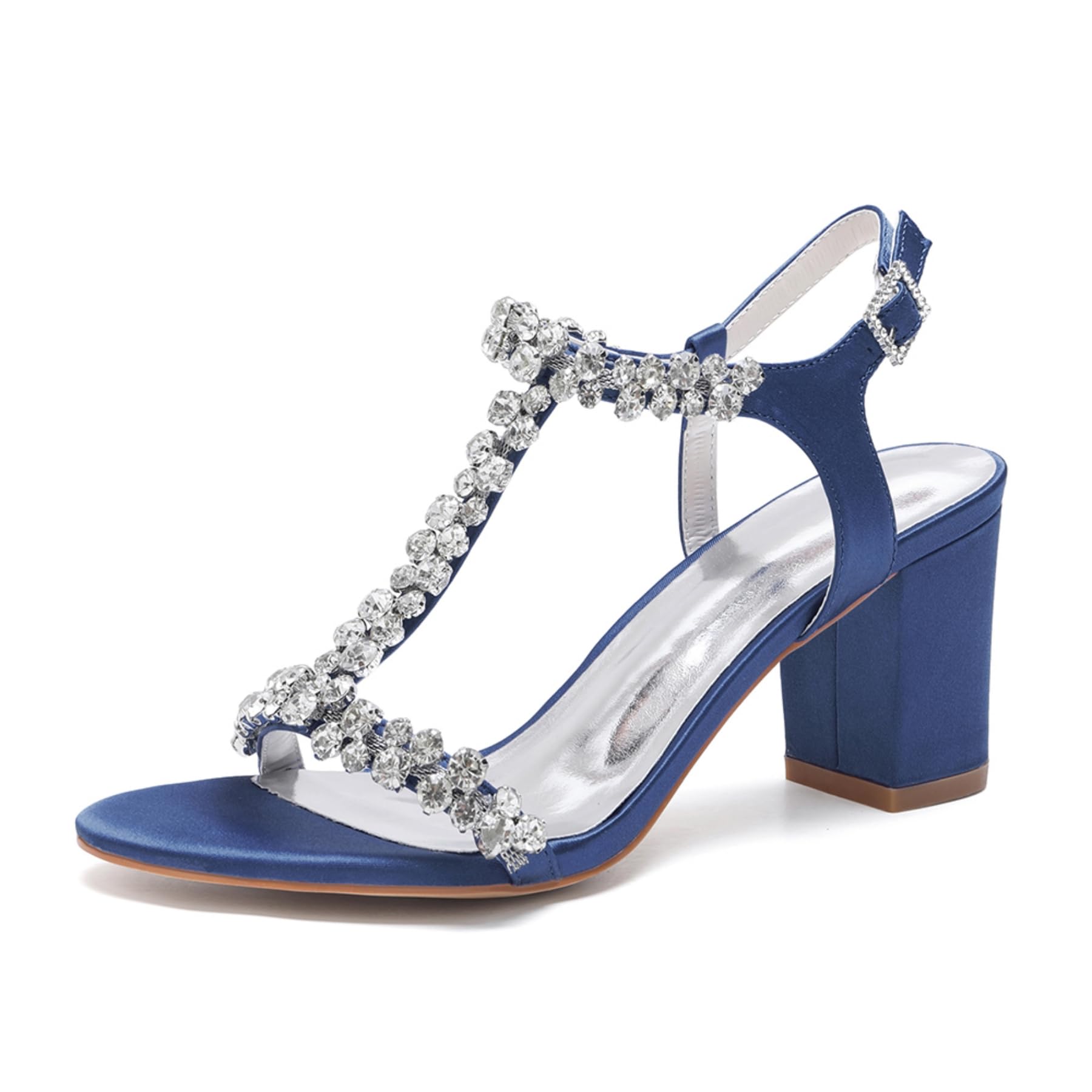 Sandalias De Novia Tacón Bloque Tira En T Y Pedrería Mujer 7,5 Cm
