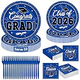 200Pcs Graduation Decorations 2026, Blue Graduation Plates and Napkins Party Supplies for 50 Guests, Disposable Grad Plates, Napkins, Dessert Plates and Forks for Grad Decor Wedding Birthday Supplies