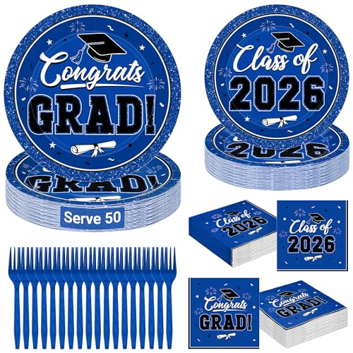 200Pcs Graduation Decorations 2026 Blue Graduation Plates and Napkins Party Supplies for 50 Guests Disposable Grad Plates Napkins Dessert Plates and Forks for Grad Decor Wedding Birthday Supplies