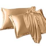 Pillowcase Ice Silk Pillow Covers Queen Size Set of 2, Champagne Gold Silky Cooling Pillow Case 20