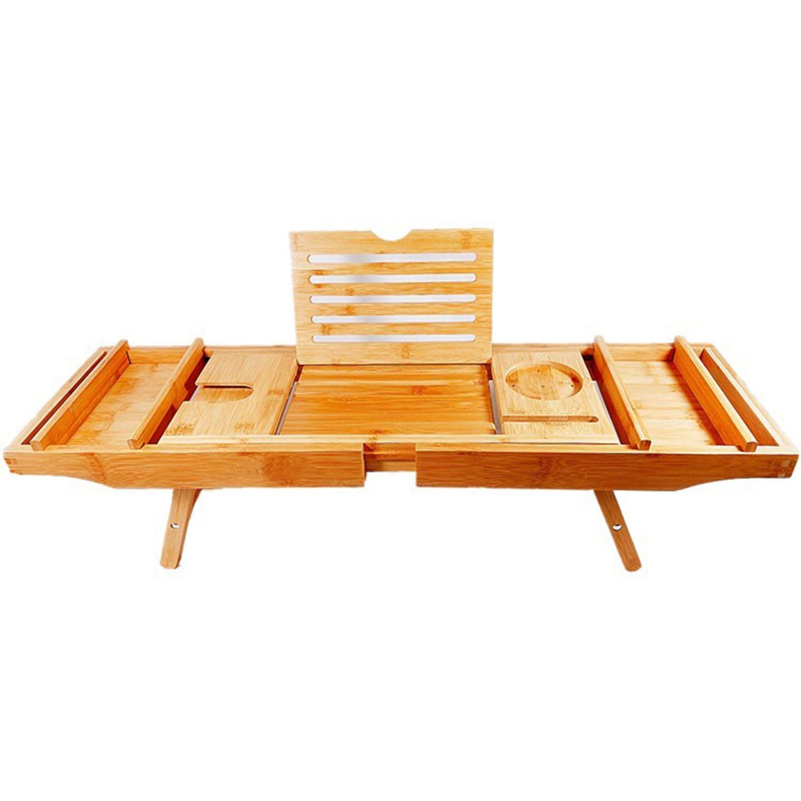 Combo de Bandeja de Desayuno de Bath Caddy - Bandeja y Bandeja de Cama de Madera de bambú Natural con pies Plegables, Soporte de tabletas, Soporte de jabón de Vidrio de Vino,Natural