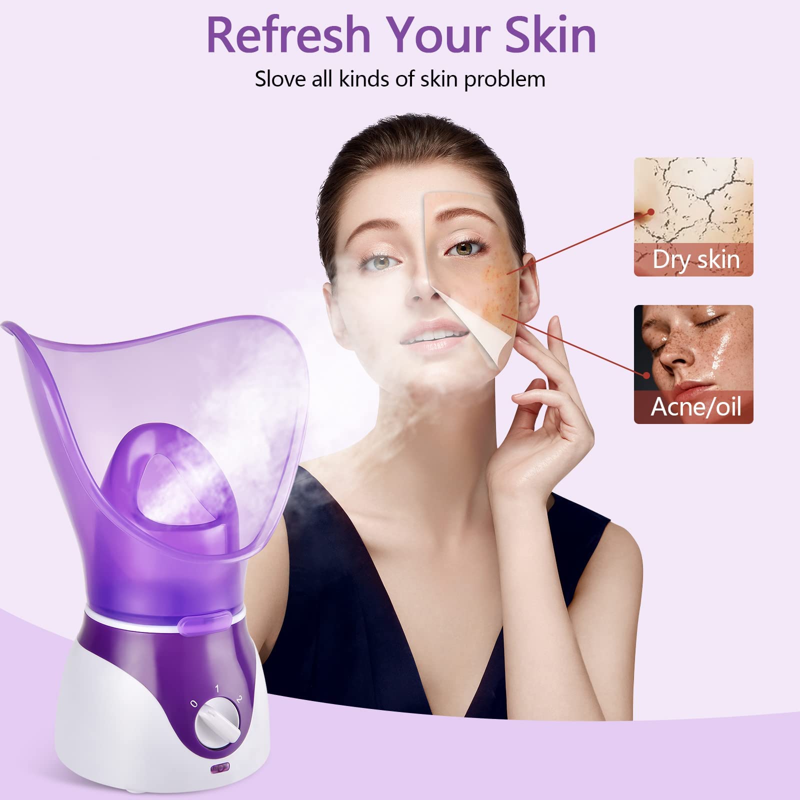 Facial Steamer Nano Ionic Face Steamer with Skincare Tool Set, Purple