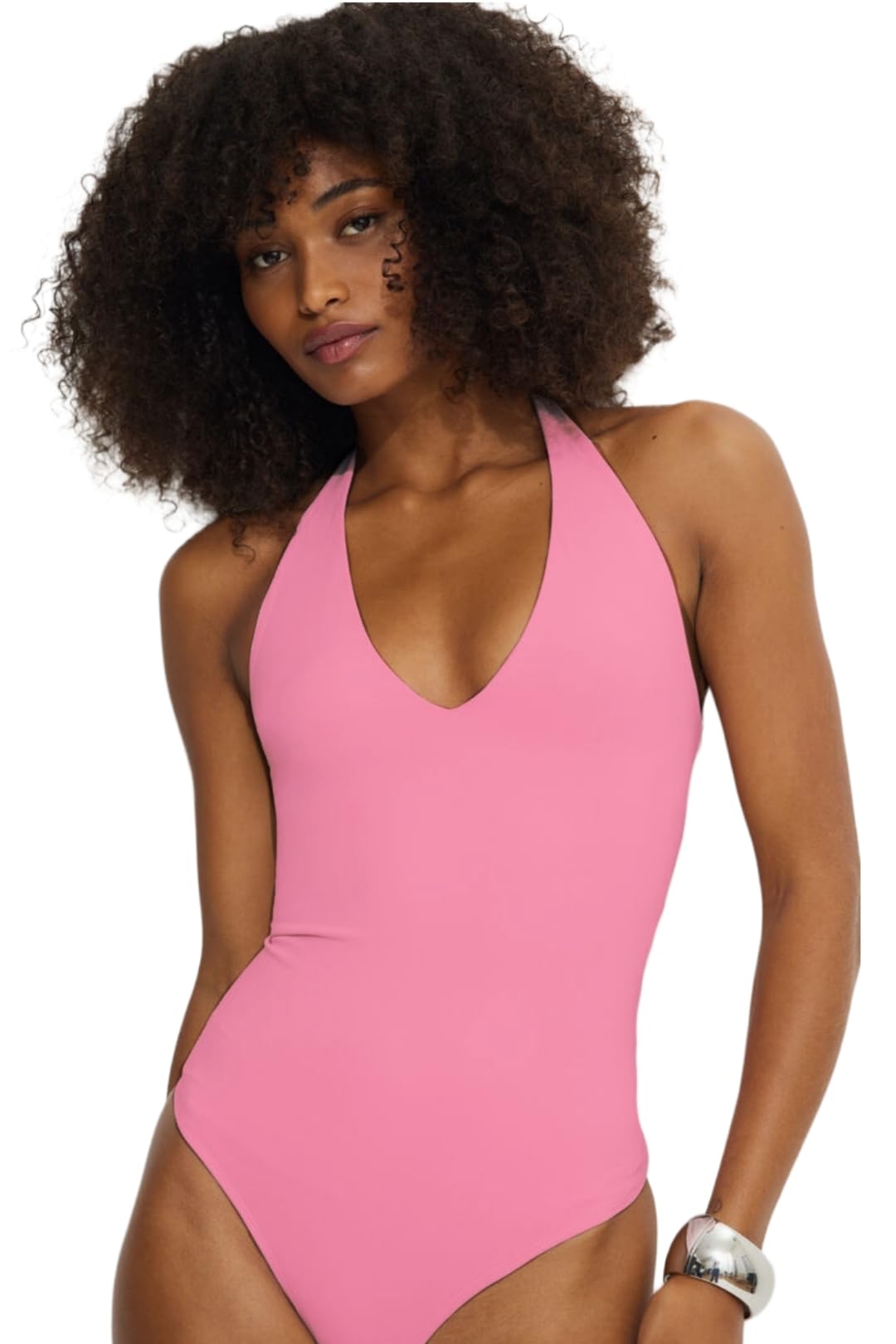 sightbomb SKIMS SOFTLINE V Neck Halter Bodysuit, Double Layered Tummy Control Shapewear, SNAP Buttons, Sleeveless Microfiber Swimsuit for Women-picture-5