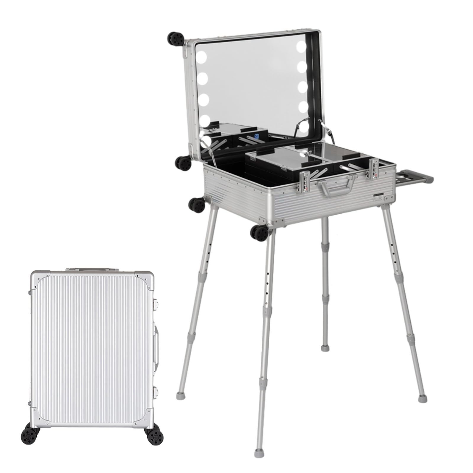 Aluminiowa walizka do makijażu z oświetleniem LED, profesjonalny organizer na kosmetyki ze stojakiem, przenośna toaletka na kółkach dla makijażystów, Srebrny pasek, 58X45X23cm