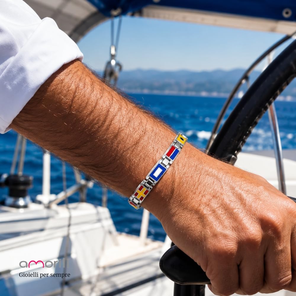 Bracciale Uomo con Bandiere Nautiche in Acciaio Inox e Smalto – Stile Mare Estate Vela Nautico – Idea Regalo Uomo