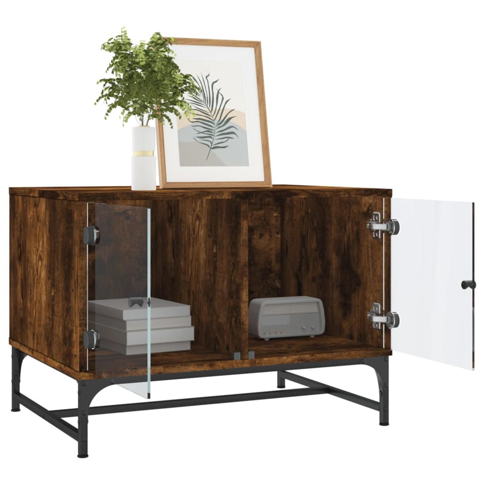 Homgoday Tavolino da caffè con ante in vetro rovere fumé 68,5 x 50 x 50 cm, tavolino da tè per soggiorno, sala d'accoglienza degli ospiti, camera da letto e ufficio