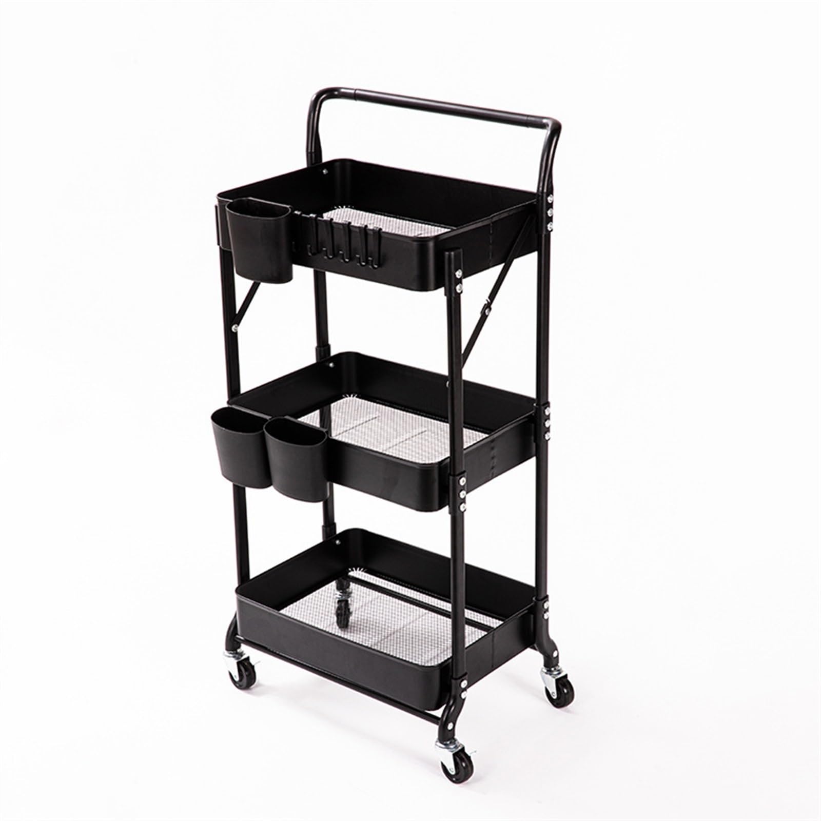 FZL02068LM Serving Trolleys Iron Three-layer Storage Rack, Floor Standing Movable With Armrest, Living Room, Kitchen, Bedroom, Foldable Cart Organization(Black)