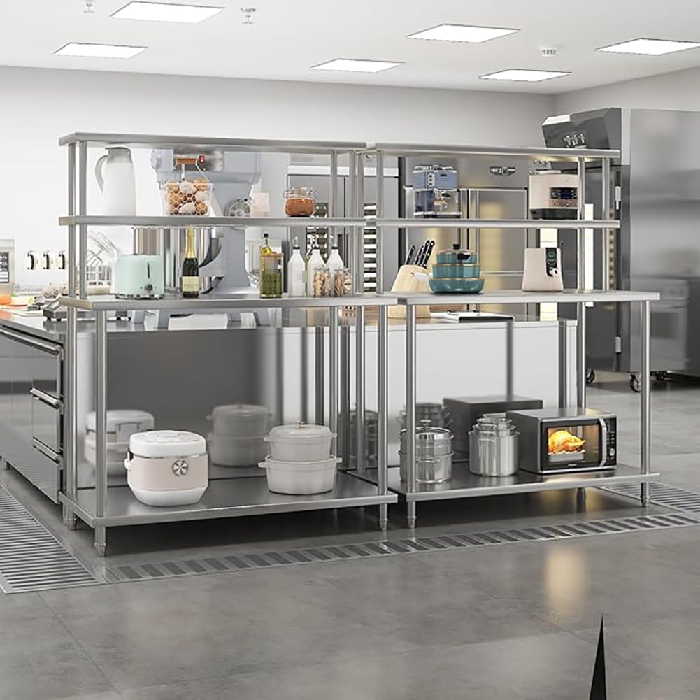 Piano di Lavoro per Cucina in Acciaio Inox A Doppio Strato, Tavolo Regolabile per La Preparazione del Cibo, Tavolo di Preparazione per Isola da Cucina in Metallo,L100×w70×h150cm