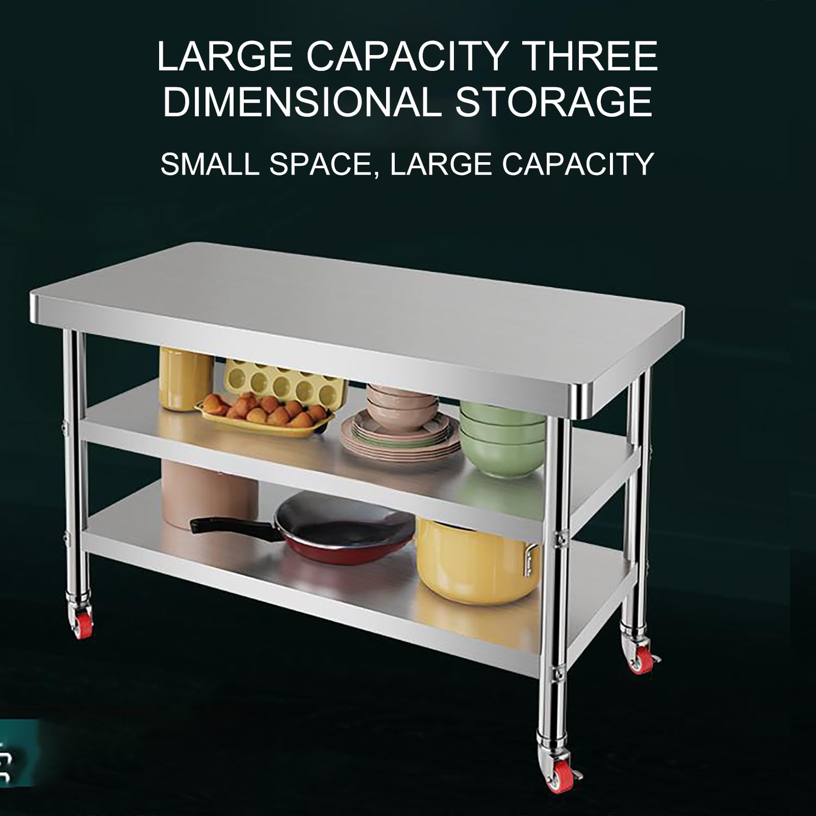 Inless - Tavolo da cucina in acciaio con piedini regolabili e 4 ruote universali, capacità 400 kg, 90 x 60 cm, per uso commerciale