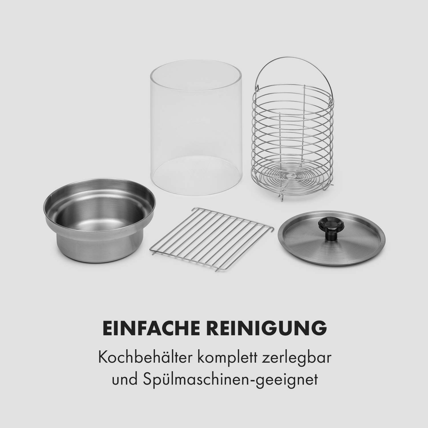 Klarstein Pro Wurstfabrik 450 Profi Hot Dog Maker, 450 Watt, 30-100 °C, Glaszylinder: Ø 20 cm, unterteilbarer Edelstahlkäfig: Ø 17 cm / 5 Liter, Edelstahl, Wassertank: 1,1 Liter, silber