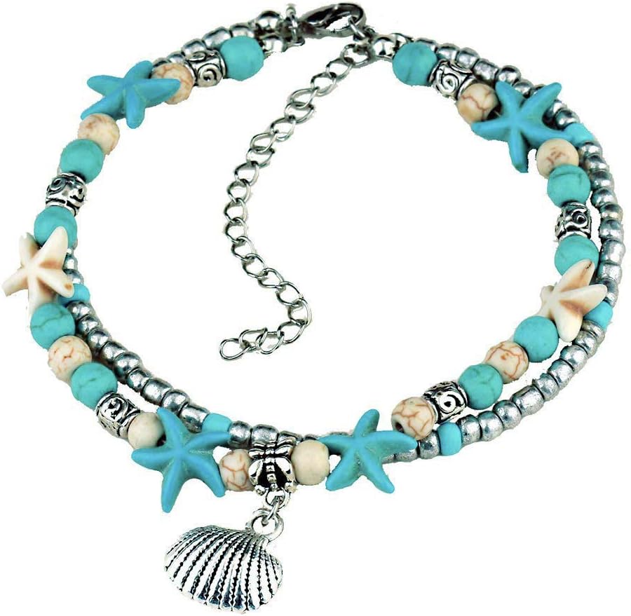 CHRAN Starfish Sea Turtle Anklets Multi Layered Turquoise Stone Beads Boho Beach Charm Anklet for Women