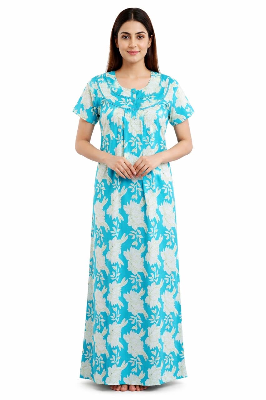 Women's Turquoise Floral Cotton Maxi Nighty, Short Sleeve, Round Neck, Full Length Night Dress-image-47