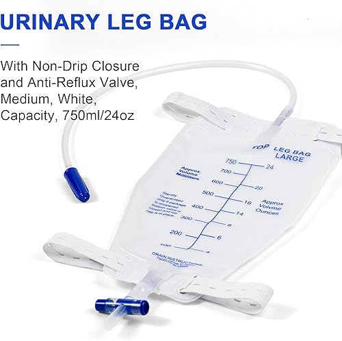 Miniatura 3 de Paquete de 5 bolsas de drenaje Foley de orina para piernas, 25.4 fl oz con válvula antirreflujo, drenaje de tubo de 18 pulgadas y bandas elásticas