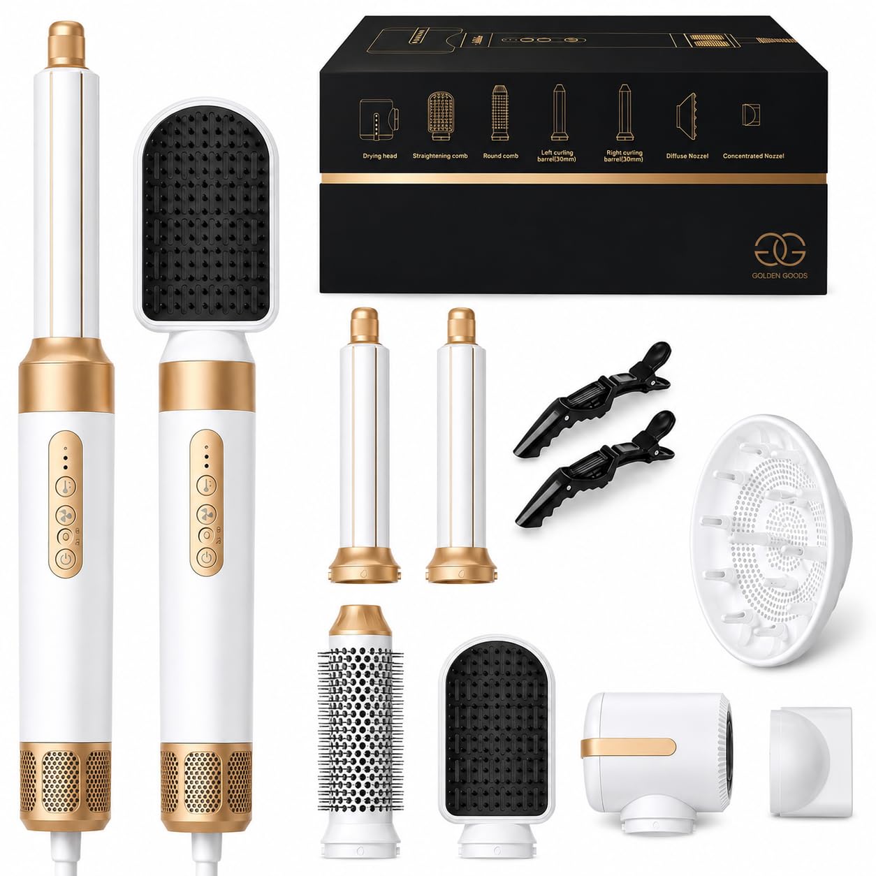 Cepillo secador de pelo 7 en 1 Golden Goods Multistyler, secador Airstyler con 7 accesorios cepillo de peinado caliente, secador ionico, Para alisar, rizar y secar, Edición Blanco/Oro