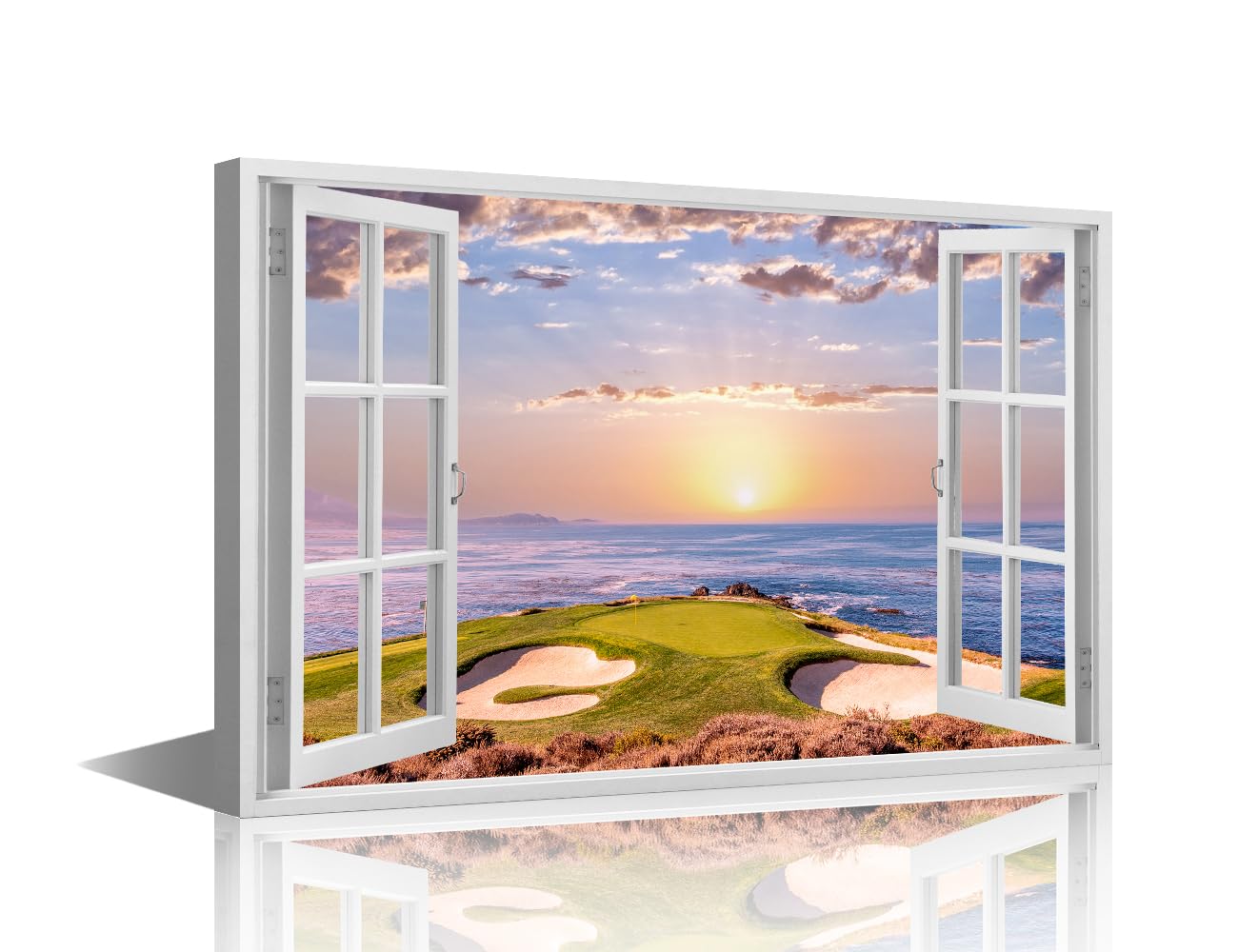 TISHIRON 1 Piece Beach Canvas Wall Art Painting 3D Window View Wall Decor for Living Room Golf Course Framed Modern Artwork for Home Bedroom Decorations, 18x12in