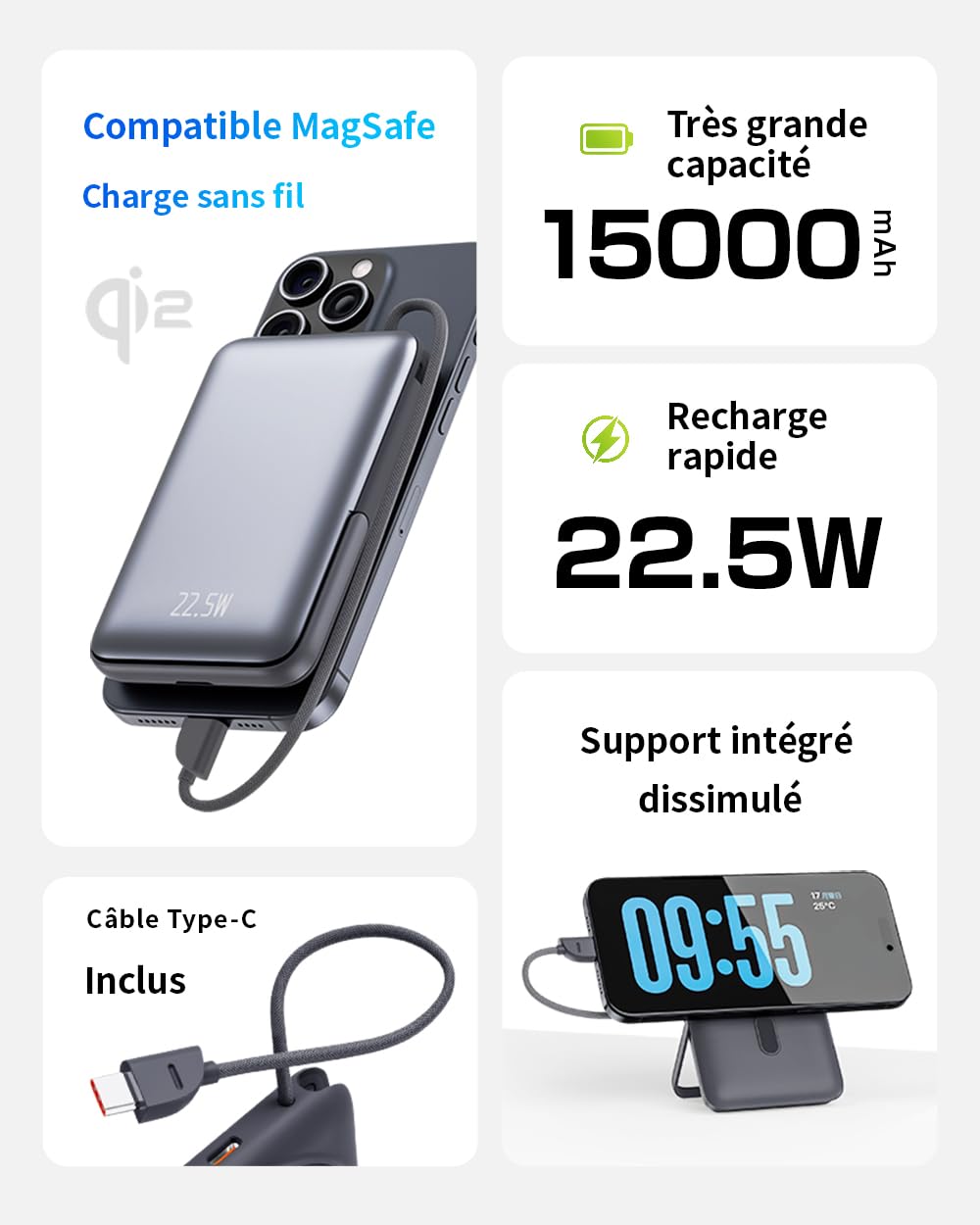 Power Bank Magnétique sans Fil 15000mAh, Support Pliable, Câble Type-C Intégré, Affichage Numérique, Compatible avec Plusieurs Appareils, Batterie Externe Portable(Gris)