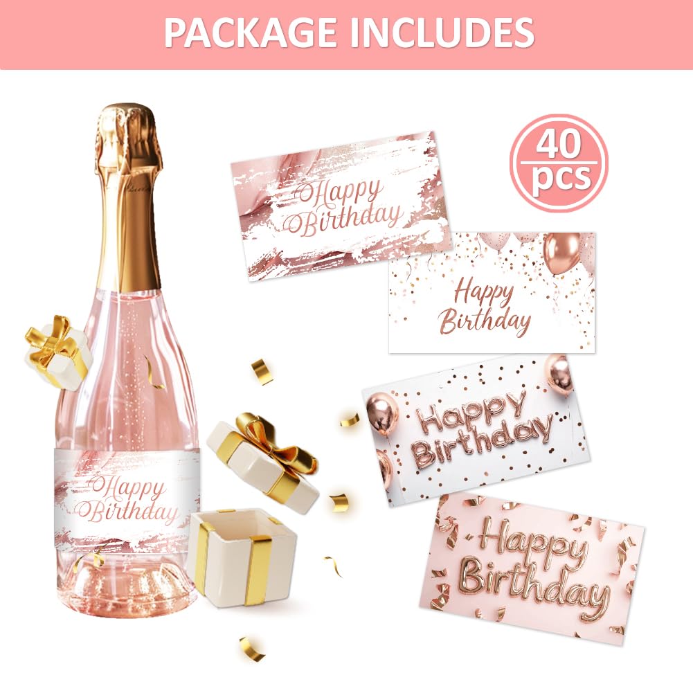 PH PandaHall 40pz Etichette per Bottiglie di Vino Adesivi per Bottiglie di Vino Happy Birthday, 4 Stili Adesivo Etichetta Vino Adesivo Rosa Dorato per Cocktail Anniversario, 9x5cm