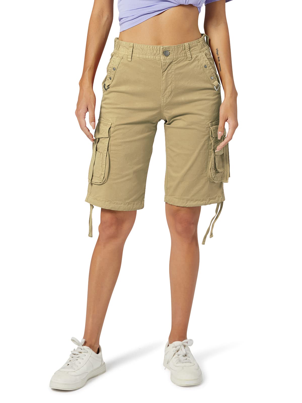 Women's Cargo Shorts, Loose Fit Zipper Multi-Pockets Twill Knee-Length Bermuda Drawstring Shorts