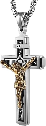 HZMAN Católico Jesucristo en INRI Cruz Crucifijo Oro Plata Tono Acero Inoxidable Colgante Collar 22+2 Cadena