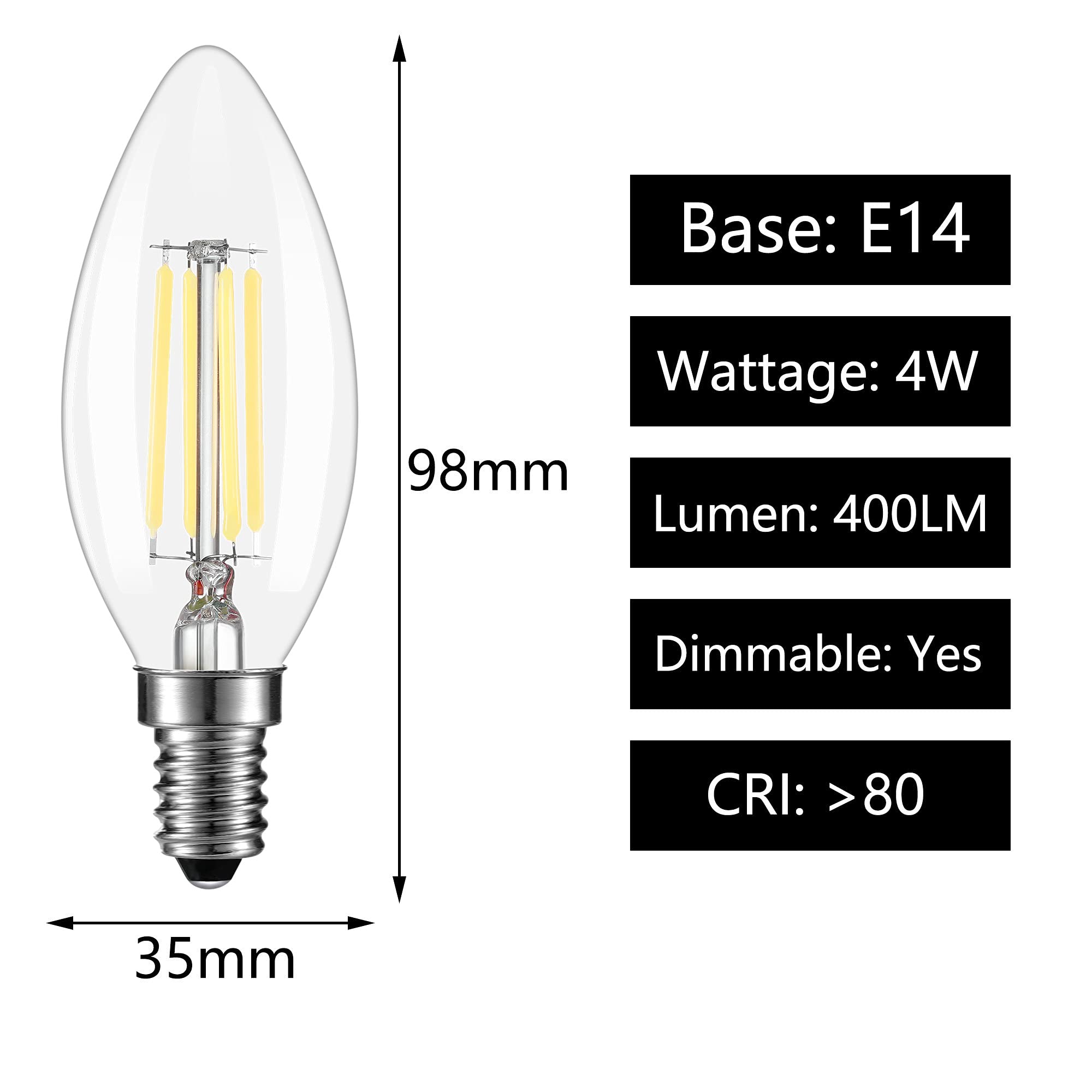 Bombillas led Paquete de 10 Bombillas Vela filamento Regulable E14, 6000K, Blanco frío, 4W, C35, Tornillo Edison pequeño, Equivalente a incandescente 40W