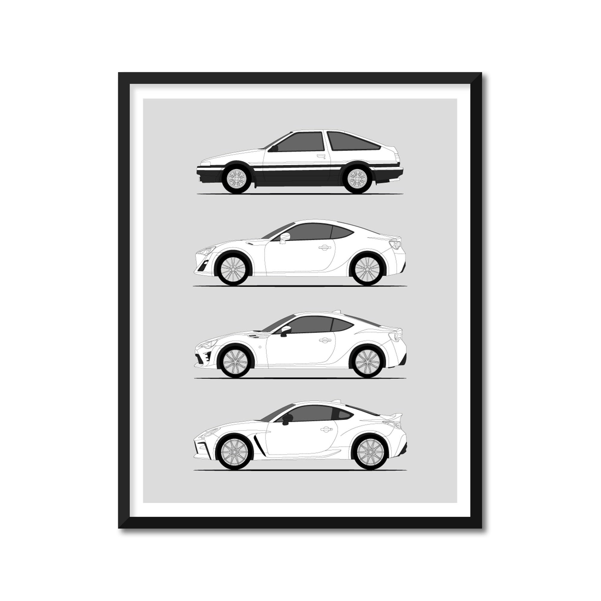 Custom Car Posters Handmade Poster compatible with History of Toyota (Scion) FR-S GT86 GR86 Print Wall Art Decor of Toyota FRS Generations History Evolution - (20 x 30 cm) (Unframed) Lustre Print