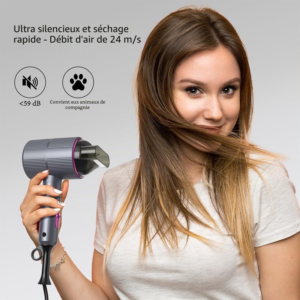 Sèche-cheveux ionique avec flux d'air de 24 m/s Amurhey – Léger & Pliable (env. 250 g)– Sèche-cheveux de voyage 2000 W avec Concentrateur & diffuseur – Hair Dryer Moteur sans balais 110 000 tr/min