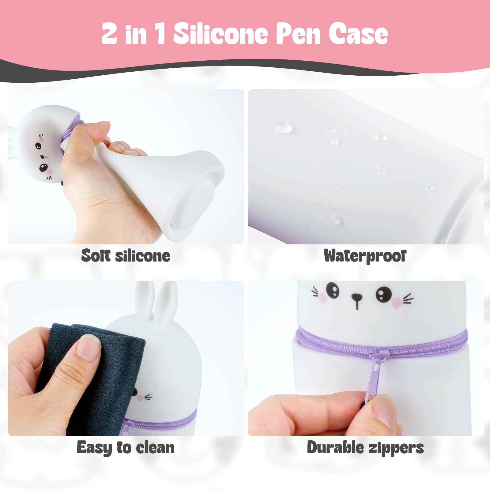2 in 1 Astuccio in Silicone, Telescopico Astuccio in Piedi in Silicone, con Cerniera, Adatto per la Scuola, L'ufficio, Regalo per Ragazzi e Ragazze (Coniglio)