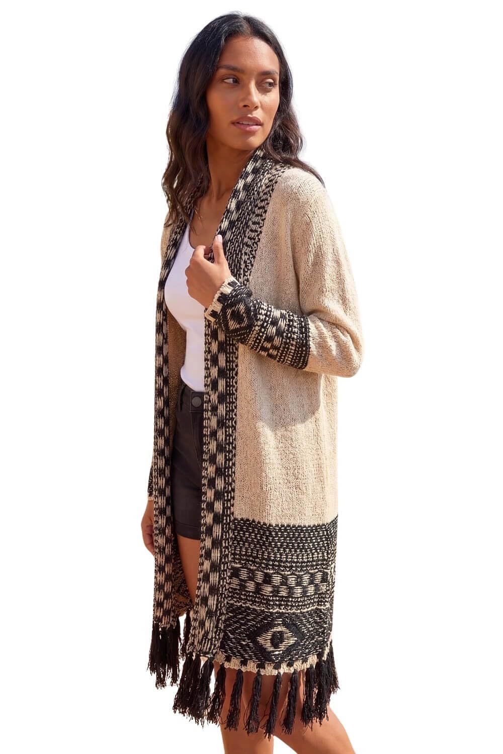 Roman Originals Women's Ivory Cardigan - Longline Coatigan Tassel Open Front Cardi Winter Autumn Casual Textured Edge To Edge Yarn Patterned Comfy Work Going Out - Size 14