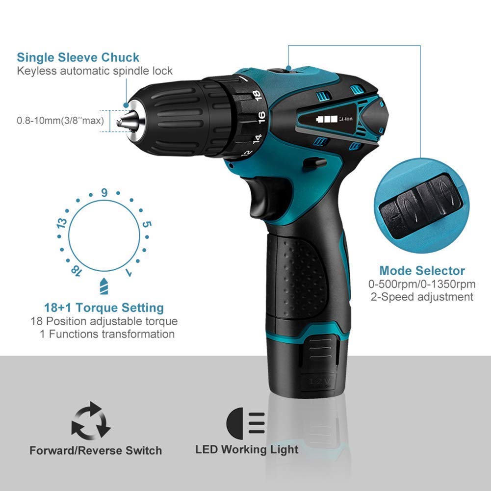 Trapano Elettrico Senza spazzole 12V Avvitatore a Batteria, 25 Accessori, con Coppia di serraggio 18 + 1, Impugnatura Regolabile in 2 Posizioni, Coppia Massima 35 NM