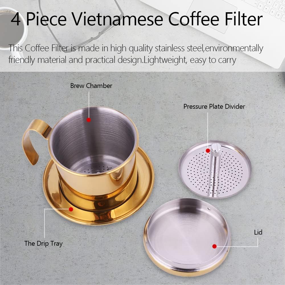 Zopsc Stainless Steel Coffee Filter Cup Vietnamese Coffee Drip Filter Maker Infuser Home Coffee Maker(Gold)