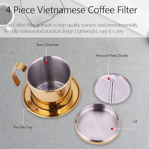Miniatura 2 de Zopsc Taza de filtro de café de acero inoxidable Fabricante de filtro de goteo de café vietnamita Infusor Cafetera casera (dorado)