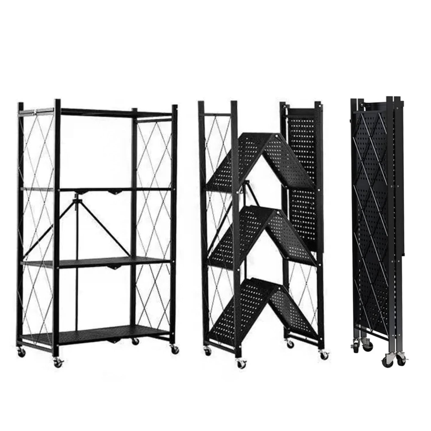 Scaffale pieghevole a 4 ripiani, multiuso, in metallo con ruote, 80 kg, per cucina, bagno, soggiorno (nero)