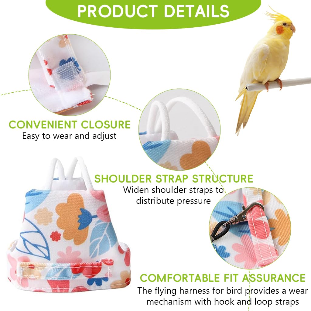 Qpets® Bird Harness and Leash Set for Parrots, Adjustable Escape-Proof Shoulder Strap Parrot Harness with Hook & Loop, 51 Inch Elastic Training Cord - Safe Flight Suit for Small Medium Birds, M 1
