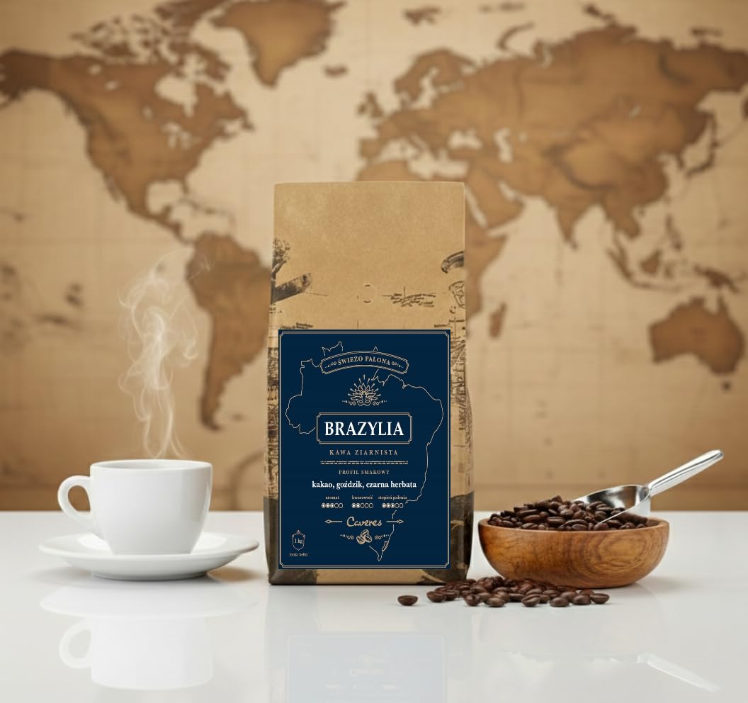 Caveres Brazylia 50/50 Kawa Ziarnista 1 kg – Blend Arabica i Robusta – Świeżo Palona do Ekspresu Automatycznego i Kolbowego– Intensywny Smak – Nuty Kakao, Goździków i Czarnej Herbaty