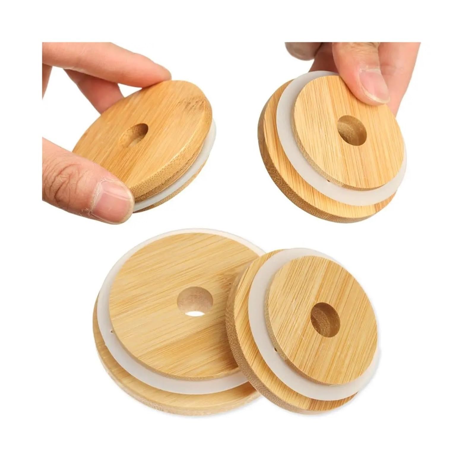 Lids For Mason Jars 20 PCS Storage Bottles Wide Mouth Cup With Straw Hole Bamboo Wood Lids Mason Jar Lid