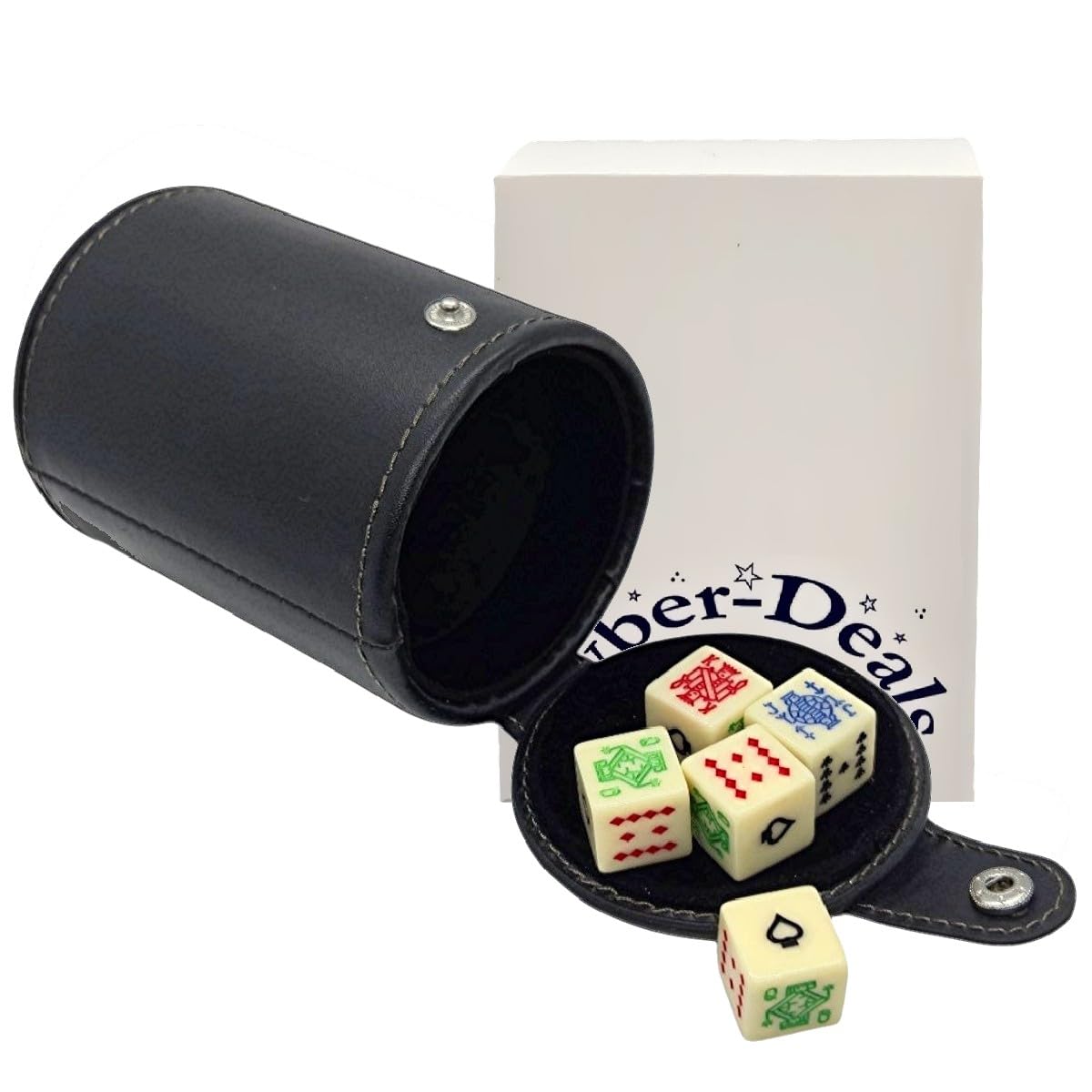 Set of 16mm Poker Dice and Black PU Leather Black Velvet Lined Dice Cup with Storage Compartment (Gift Boxed) (Poker (Squared Corners, Spades Ace) - Ivory)