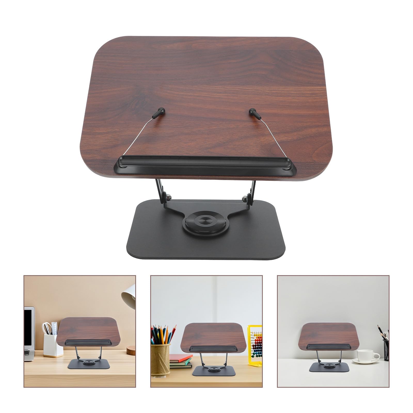 USHOBE Supporto per Libri Multifunzionale in Legno e Acciaio al Carbonio con Base Girevole a 360° Altezza Regolabile per Scrivania e Lettura a Mani Libere