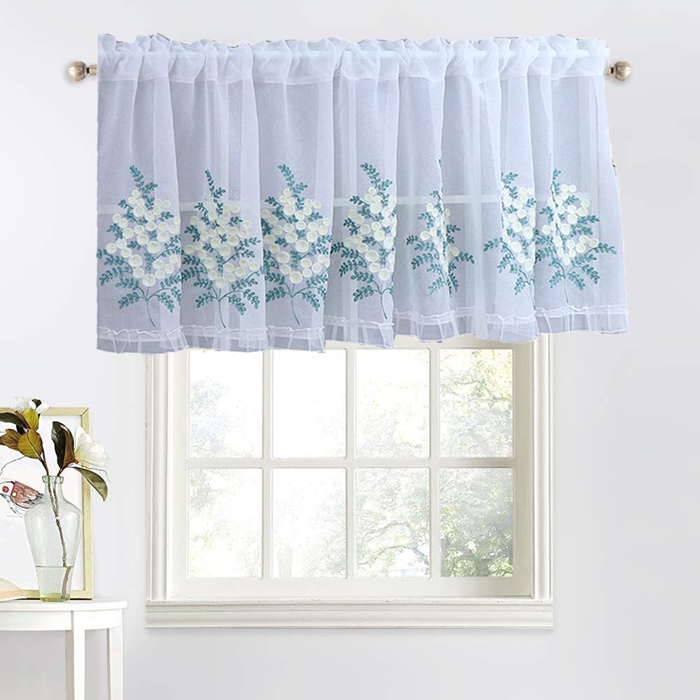 SERENEPEAK Short Curtains, White Sheer Voile Embroidered Window Curtain Valance, Idyllic Leaf Bay Window Short Curtain, Semi Translucent Half Curtain(W100xH50cm/W39.4xH19.7inch)