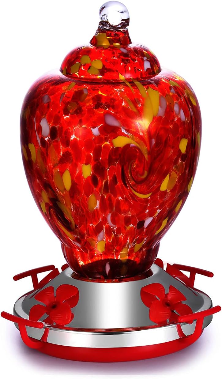 HAPITO Hummingbird Feeder for Outdoors - Hand Blown Glass, 26 Ounces Nectar Capacity, No Leaking / Rustless, Containing Ant Moat, Metal Hook, Hemp Rope and Brush