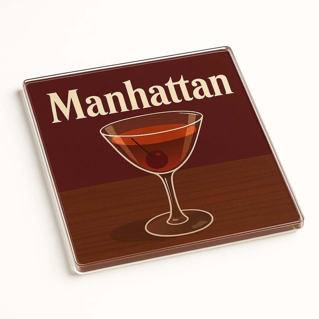 Classic Cocktail Acrylic Coaster Gift - Retro Mid-Century Modern Manhattan Cocktail Design, Home Bar Decor, Stylish Drinks Accessory