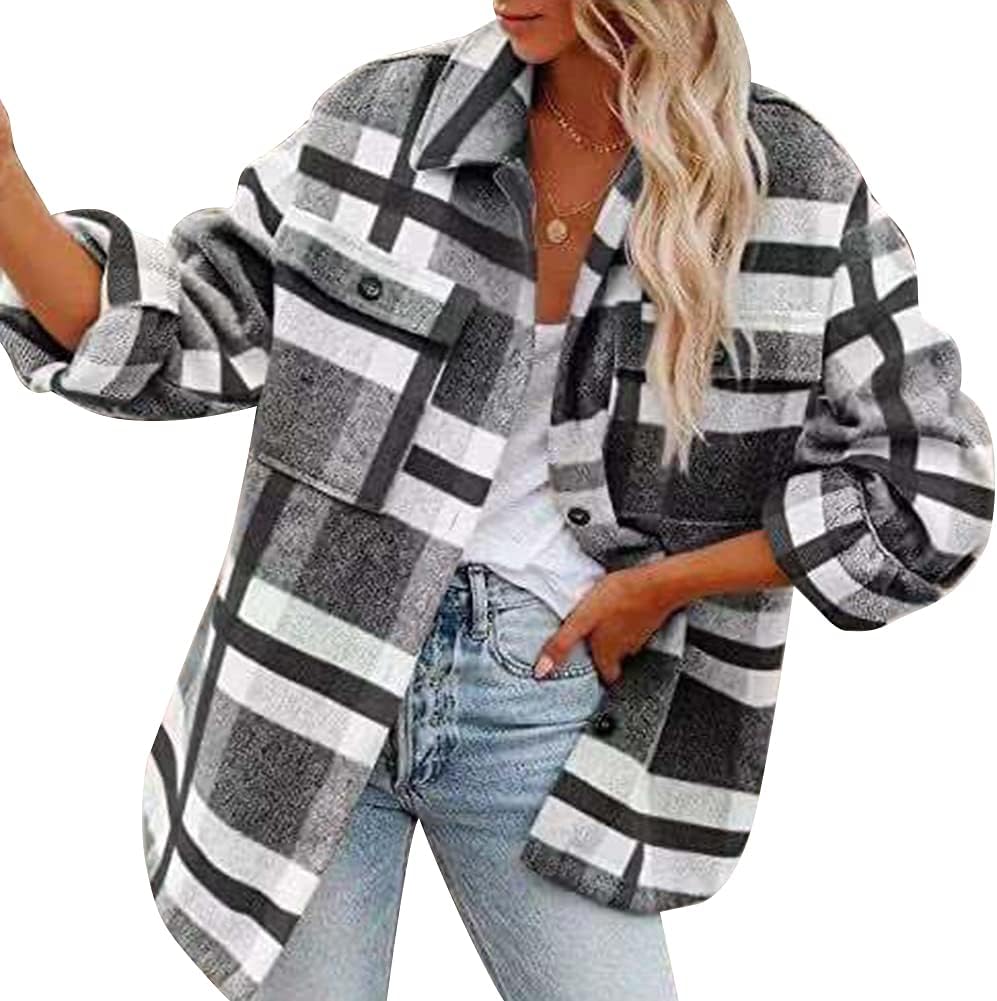 Ysimee Womens Casual Plaid Soft Button Down Tops with Pockets, Winter Checked Shirts, Fleece Checkered Shirts Plaid Button Down Tunic Blouse Casual Shacket Top, S/M/L/Xl/2xl/3xl